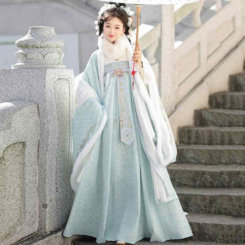 漢服 レディース 裏起毛 大袖ブラウス プリーツスカート 冬用 刺繍 唐風 プリンセス 精巧な装飾 暖かい 保温 防寒 イベント コスプレ 発表会