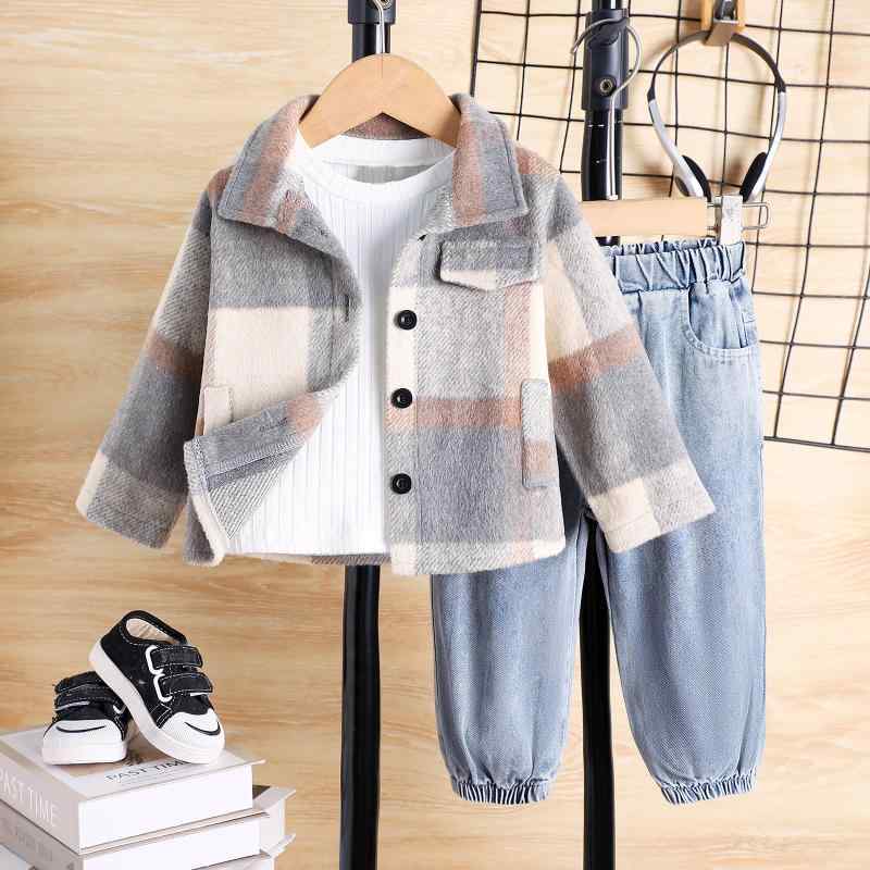 子供服 キッズ ベビー 男の子 女の子 秋冬 欧米風 起毛 柔らかい コットン混 切り替え チェック柄 長袖 シングルボタン カーディガン アウター 裾絞り デニムパンツ 2点セット ブルー