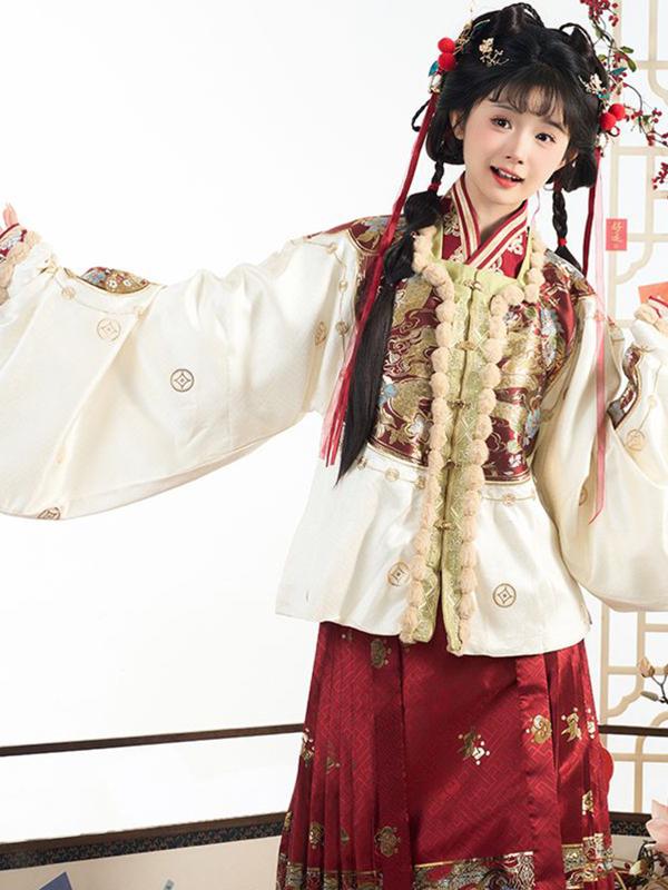 漢服 レディース 女性用 明制 馬面スカート ボトムス 裏起毛 厚手 暖かい ポリエステル素材 幾何学模様 立体柄 刺繍 織金加工 秋冬 新年衣装(4)