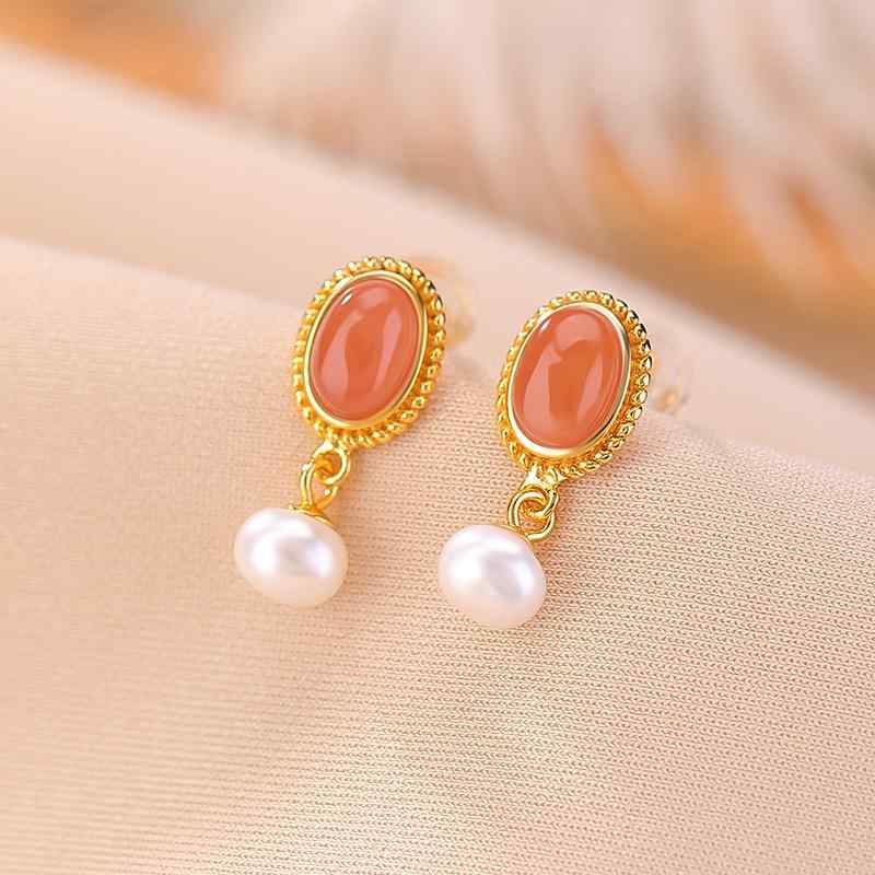ピアス レディース S925純銀 金メッキ 水紅瑪瑙 パール パール 天然石 カボション ミル打ち レトロ アンティーク 高級感 上品 軽量 普..