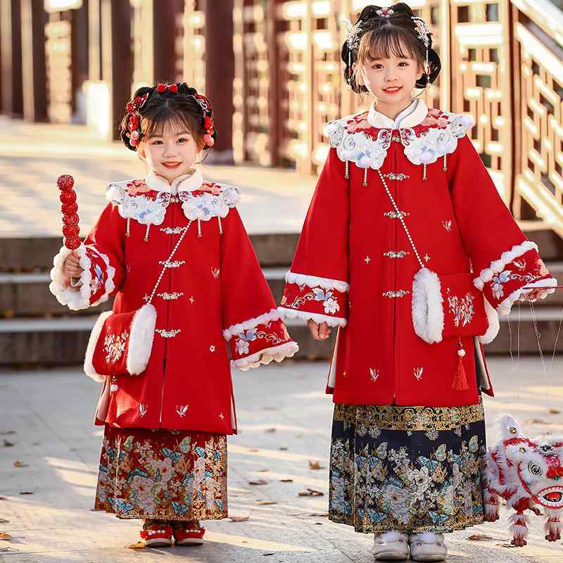 チャイナ服 ガールズ キッズ 子供服 ウール調コート アウター 厚手 防寒 冬 綿混素材 上下セット 漢服 馬面スカート セットアップ 旧正月 お祝い イベント...