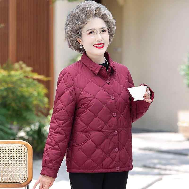 アウター レディース シニア 祖母 軽量 薄手 暖かい 中綿ジャケット 冬用 防寒 ゆったり 前開き 体型カバー ミセス お母さん レッド パープル