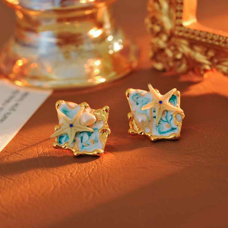 ピアス レディース フレンチ レトロ 幾何学模様 パール スターモチーフ 滴油エナメル加工 個性的デザイ..