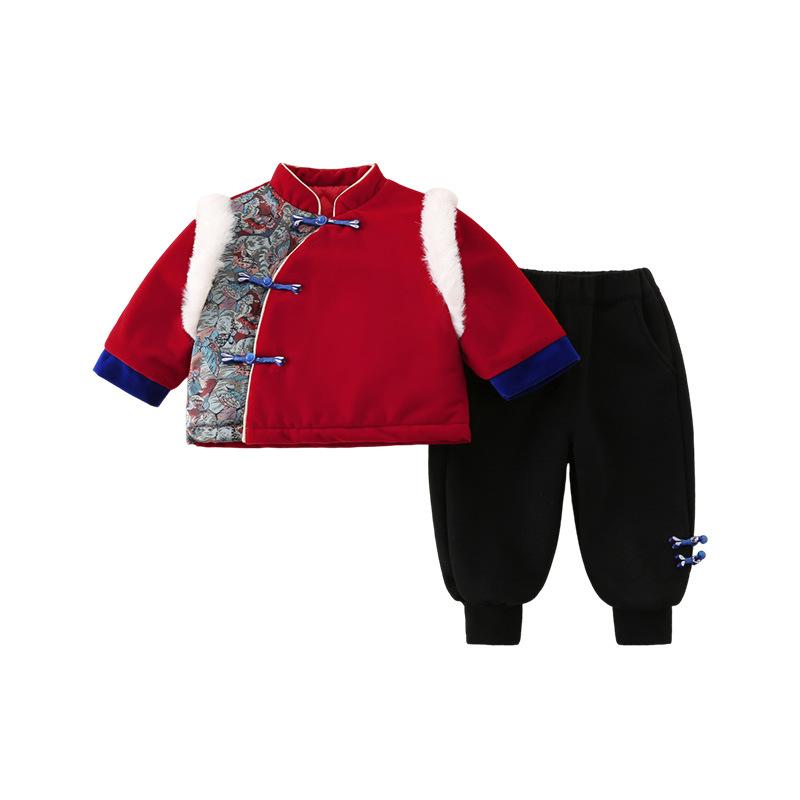 キッズ 男の子 ベビー 漢服 中国風 チャイナ服 セットアップ 上下セット 2点セット お正月 晴れ着 縁起物 イベント 記念日 厚手 あったか 保温 柔らか 肌触り快適 ポリエステル レッド 冬物