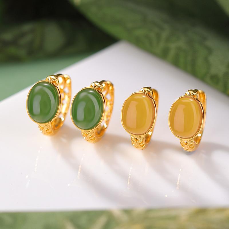 イヤークリップ レディース S925 シルバー925 ゴールドメッキ 和田翡翠 琥珀 カボション 天然石 透かし彫り 唐草模様 レトロ アンティーク調 上品 エレガント