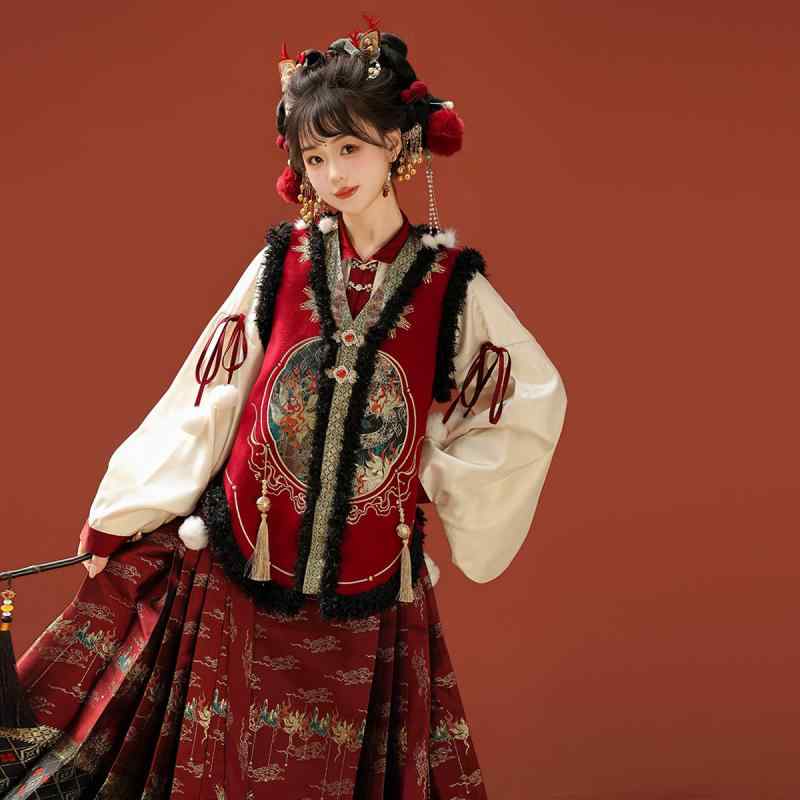 漢服 レディース ポリエステル素材 刺繍 ベスト ジレ トップス ブラウス 馬面スカート セットアップ 中国風 明朝風 琵琶袖デザイン 紐結び リボン付き イベント 発表会 舞台衣装 秋冬