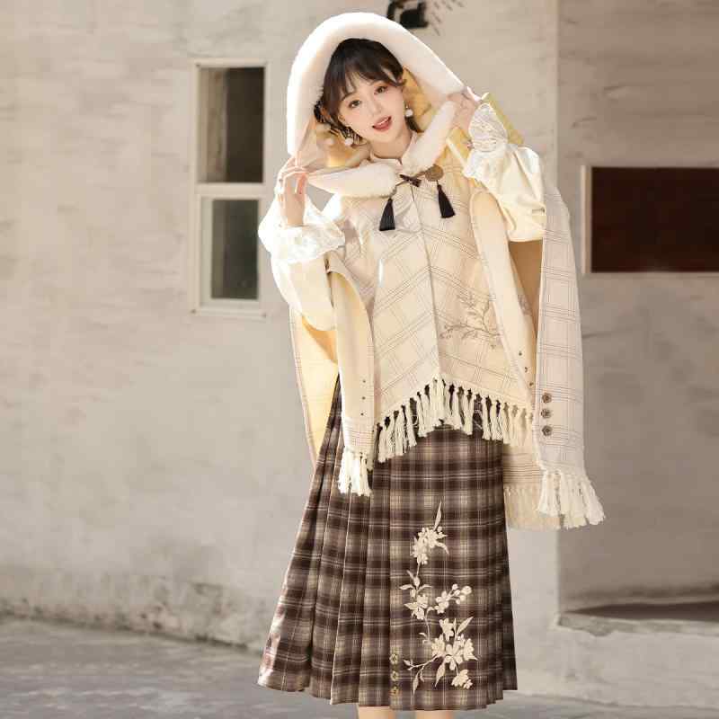 セットアップ レディース 改良版 中国風 漢服 漢元素 明朝風 刺繡 リボン付き ポンチョ トップス スカート 3点セット 秋冬 ポリエステル素材