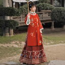 漢服 レディース 女性用 保温 刺繍 中国風 スタンドカラー 対襟 ラウンドネック 馬面スカート 羽織り 上下セット コットン 綿 お正月 秋冬