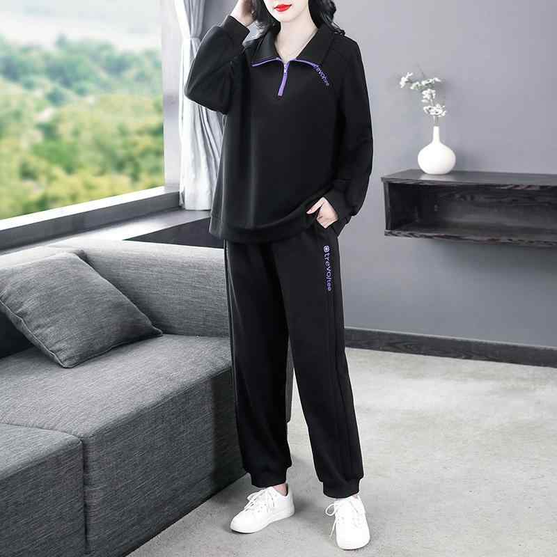セットアップ レディース ミセス 秋冬 スポーツ カジュアル ルームウェア 部屋着 普段着 襟付き ピーターパンカラー ポロ スウェット プルオーバー ゆったり リラックスフィット 大きいサイズ 薄手 シフォン素材 花柄 ロングパンツ 2点セット 黒