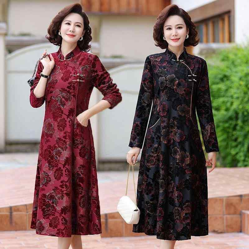ワンピース レディース ミセス 大きいサイズ 春秋 ベロア素材 改良チャイナドレス Aライン 上品 エレガント スパンコール ミディ丈 長袖 ハイネック レトロ モダン チャイナ風