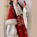 漢服セットアップ レディース 冬 厚手 防寒 お正月 衣装 赤 オリジナルデザイン 中華風 伝統衣装 馬面スカート ロングスカート アウター 上下セット 幾何学模様 ポリエステル素材