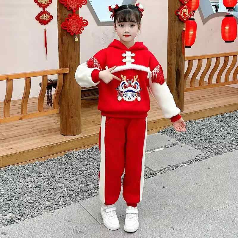 スウェット セット 女の子 裏起毛 厚手 チャイナ風 漢服風 パーカー ロングパンツ 秋冬 お正月 イベント 普段着 かわいい キャラクター プリント 2点セット ポリエステル ジュニア 赤