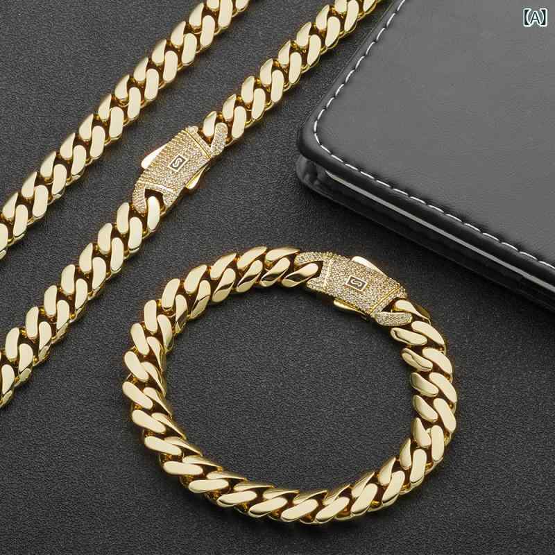 ネックレス ブレスレット セット メンズ ユニセックス アクセサリー ヒップホップ キューバンチェーン 14金 ゴールド ジルコニア 高級感 電気メッキ加工 銅製 個性的 デザイン 2