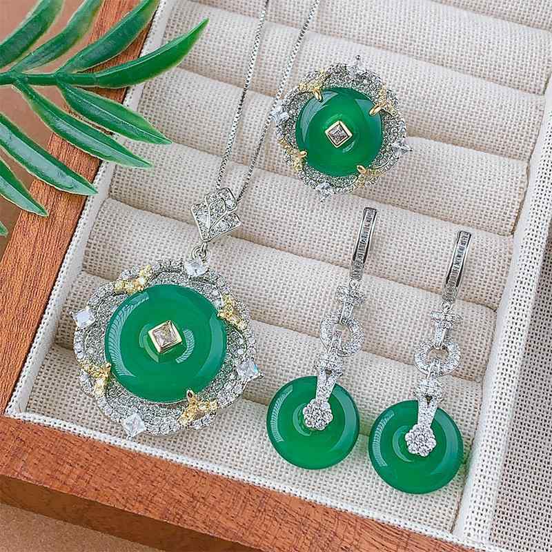 アクセサリーセット レディース 女性用 帝王グリーンカルセドニー イヤリング ネックレス 指輪 平安扣モチーフ ジルコニア装飾 銅製 レトロ 高級感 チャイナ風 エスニック 緑