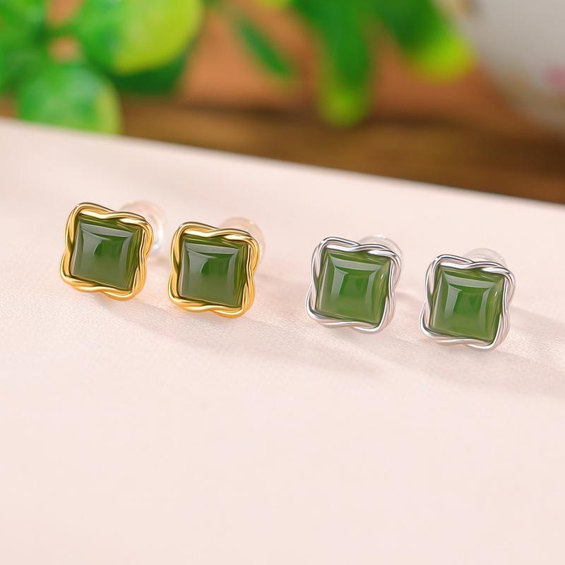 ピアス レディース S925シルバー 純銀 金メッキ 和田碧玉 玉石象嵌 レトロ アンティーク風 軽やか 高級感 上品 エレガント シンプル ツイスト スクエア ゴールド シルバー オフィス カジュアル 普段使い