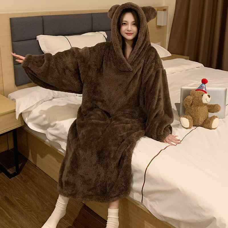 パジャマ ルームウェア レディース 女性用 フード付き サンゴフリース 裏起毛 厚手 保温 あったか 防寒 秋冬用 ロング丈 ワンピース ガウン バスローブ ビッグサイズ ゆったり 部屋着 リラックス