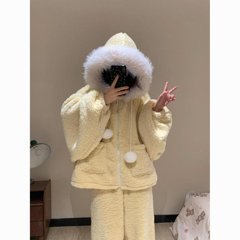 ルームウェア レディース 保温 吸湿速乾 サンゴフリース 裏起毛 厚手 もこもこ ふわふわ フード付き パ..