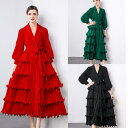 ワンピース 高級感 ライトラグジュアリー セレブ エレガント きれいめ通勤 フォーマルドレス パーティードレス 長袖 テーラードカラー ダブルボタン ハイウエスト ウエストマーク 細見え Aライン ティアード フリル ボリューム袖 伸縮性 無地