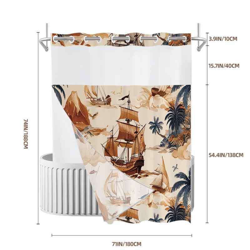 シャワーカーテン 防水 二重構造 デジタルプリント マリンスタイル ホテル仕様 浴室用 おしゃれ シンプルモダン ポリエステル製 ハトメ付き 目隠し
