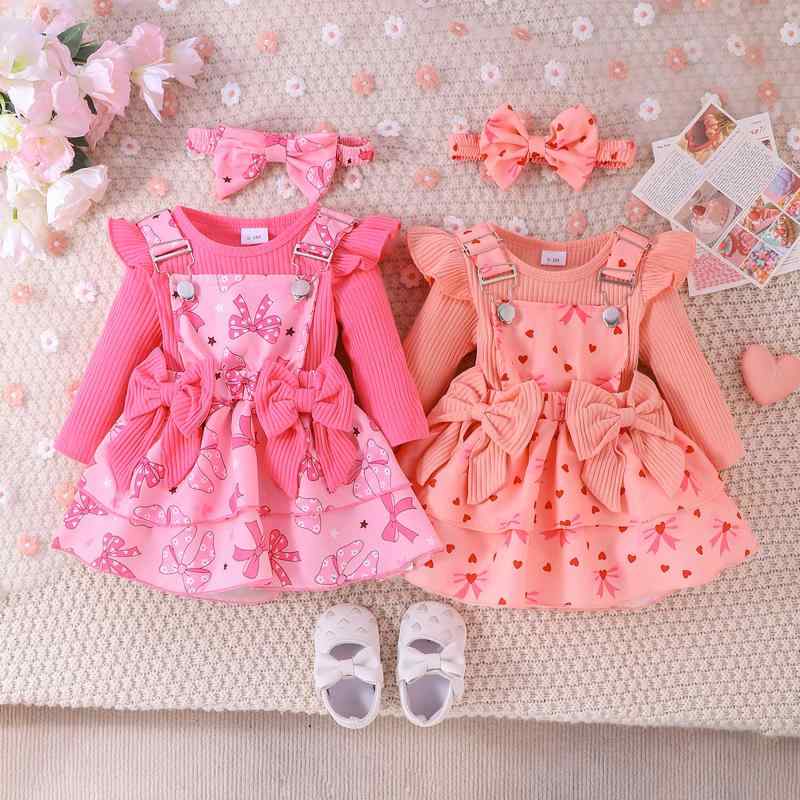 ベビー服 キッズ服 女の子 女児 かわいい 欧米風 リブ 長袖 ロンパース 花柄 リボン サロペットスカート 綿 柔らかい肌触り 春秋 上下セット 2点セット