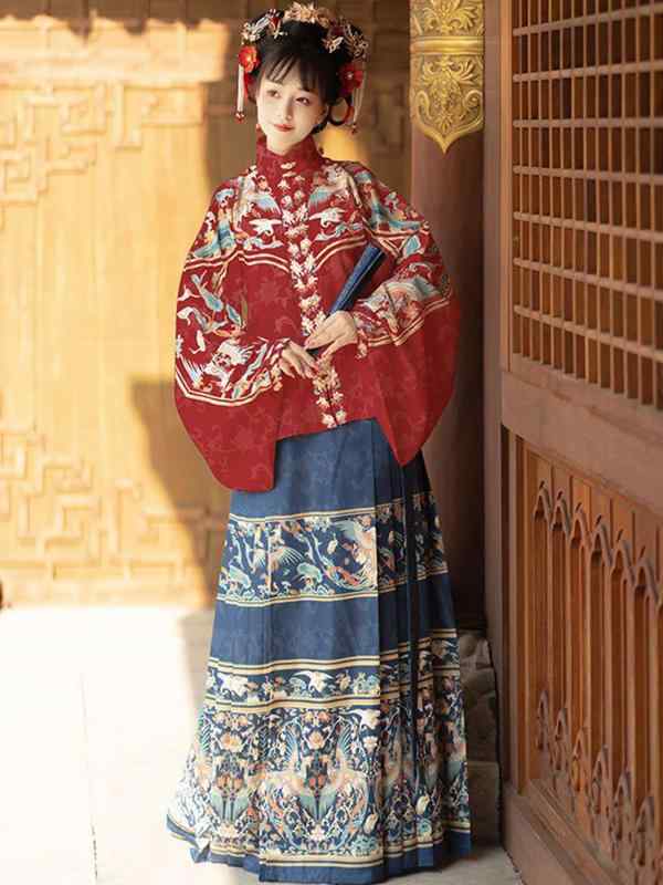 漢服 レディース 明朝風 オリジナルデザイン プリント 立ち襟 対襟 ショート丈ブラウス 琵琶袖 馬面スカート 秋冬 古風 レトロ風 セットアップ ポリエステル 襦裙 立体装飾