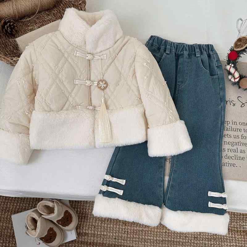 パンツセットアップ 女の子 キッズ 中大童 冬物 厚手 裏起毛 保温 防寒 中国風 ネオチャイナ 中綿コート デニムパンツ 普段着 お出かけ ポリエステル素材 ...