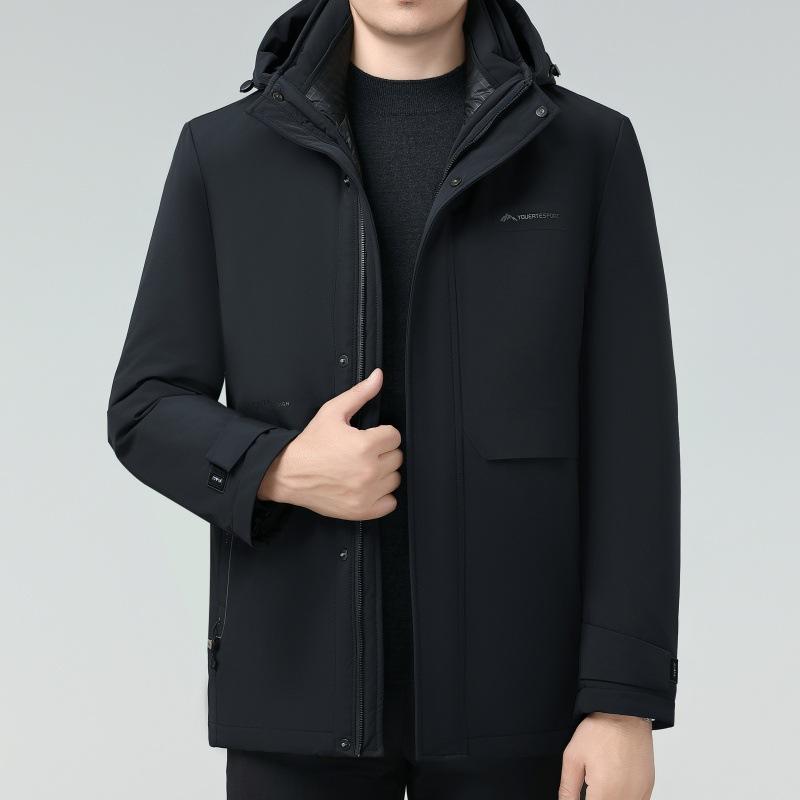 ダウンジャケット メンズ 秋冬 防寒 厚手 保温 ダックダウン 取り外し可能ライナー ミドル丈 フード付き 高級感 ビジネス カジュアル ミドル世代向け アウター