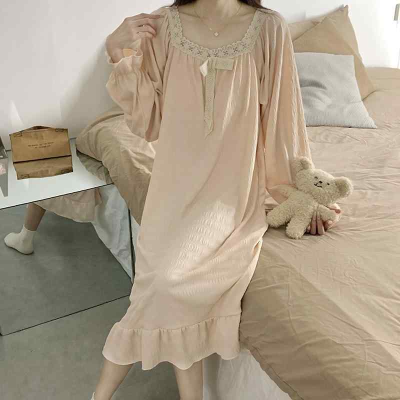ルームウェア レディース かわいい 姫系 レース スクエアネック 無地 ロング丈 ネグリジェ 長袖 レトロ 宮廷風 春秋冬 綿 コットン 快適 保温 部屋着 ワンマイルウェア ゆったり