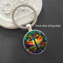 キーホルダー ユニセックス かわいい 夕焼け空 木製 十字架柄 ガラスチャーム おしゃれ バッグチャーム プレゼント 男女兼用 シルバー カジュアル(x2)