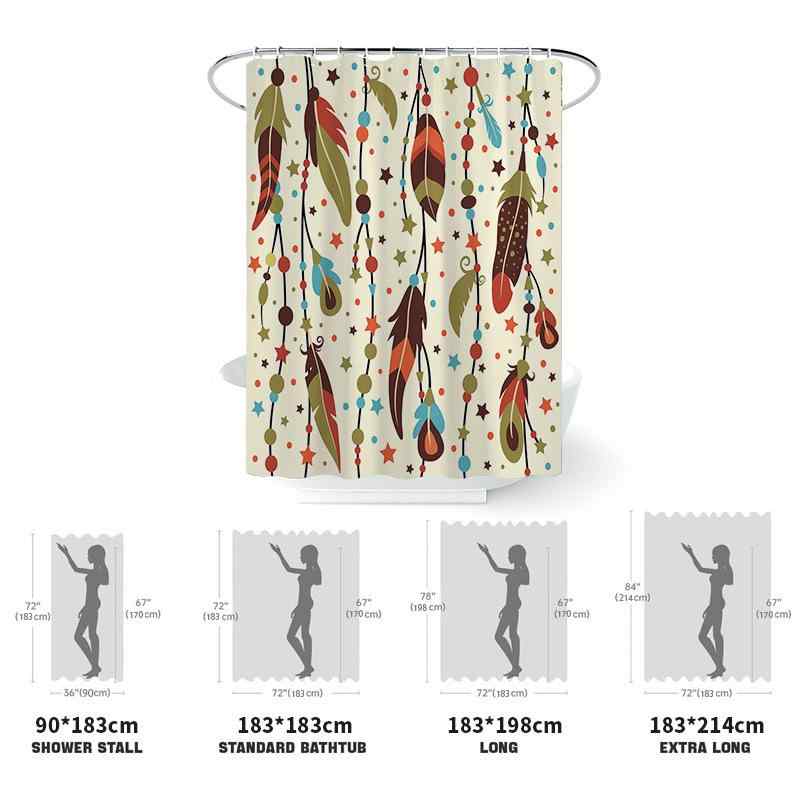 シャワーカーテン 防水 撥水 ポリエステル ポンジー生地 ボヘミアン 羽毛柄 プリント デザイン バスルーム 浴室 ユニットバス用 4点セット トイレマット フタカバー バスマット付き オーダーメイド