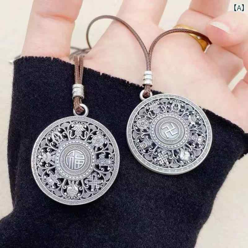 ペンダント メンズ レディース 兼用 純銀999 レトロ ヴィンテージ 個性的 花細工 透かし彫り 八宝羅針..