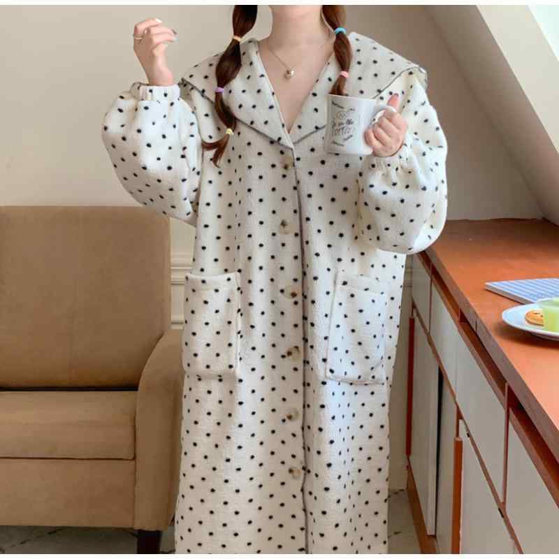 ルームウェア レディース 韓国風 パジャマワンピース 秋冬 厚手 ボア 保温 あったか ゆったり ドット柄 セーラーカラー 部屋着 カジュアル 快適 通気性