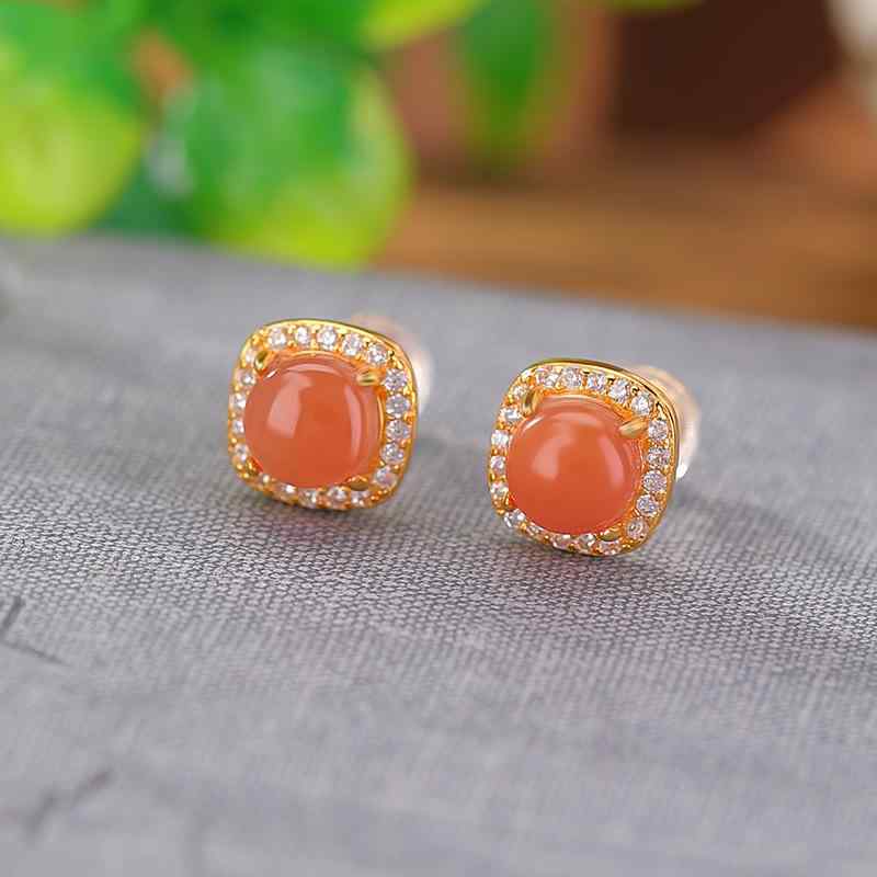 ピアス レディース S925 シルバー ゴールドメッキ 深紅 南紅ストーン レトロ おしゃれ シンプル 幾何学 スクエア ラウンド 秋冬