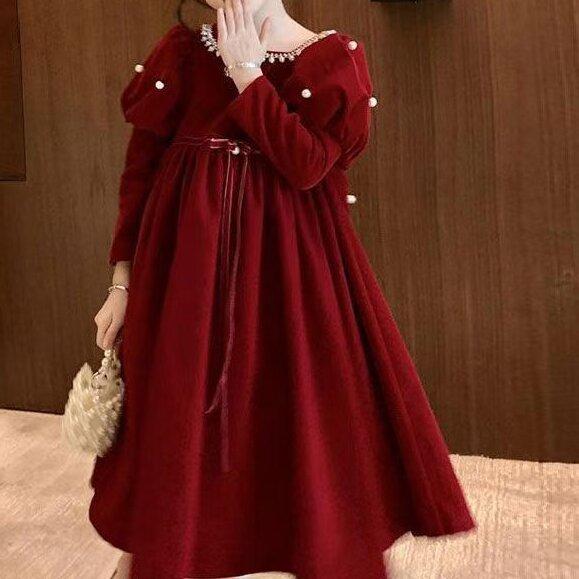 ワンピース 女の子 キッズ 赤色 レッド 秋冬 プリンセスドレス パフスリーブ フォーマル 発表会 お祝い 新年 ポリエステル 長袖 ジュニア