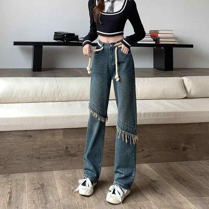 デニムパンツ レディース 秋冬 ハイウエスト ゆったり スタイルアップ 着痩せ 切り替えデザイン ストレートワイドパンツ 韓国ファッション レトロ ヴィンテージ かわいい オーガニックコットン 微ストレッチ 中厚手 レトロブルー