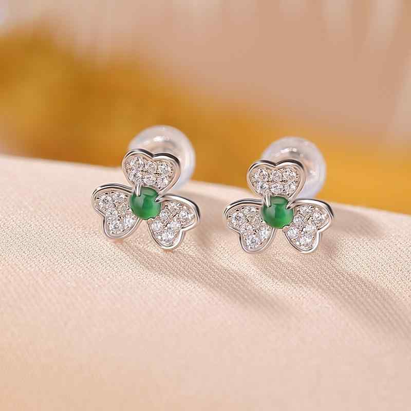 ピアス レディース シルバー925 翡翠 ハート クローバー 丸玉 スタッドタイプ 上品 エレガント シンプル 軽量 コーディネートしやすい 大人かわいい レトロ 植物 フラワーモチーフ ジュエリー アクセサリー