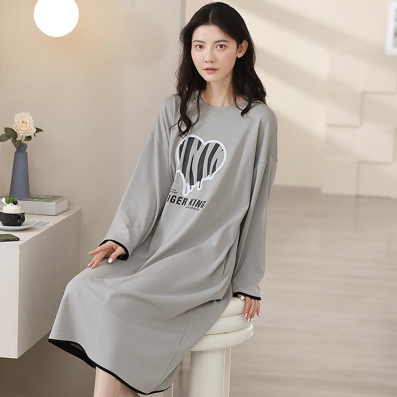 パジャマワンピース レディース 中厚手 綿100% コットン 長袖 ロング丈 ラウンドネック かわいい 高級感 快適 通気性 ルームウェア 部屋着 外出着 ワンマイルウェア シンプル カジュアル