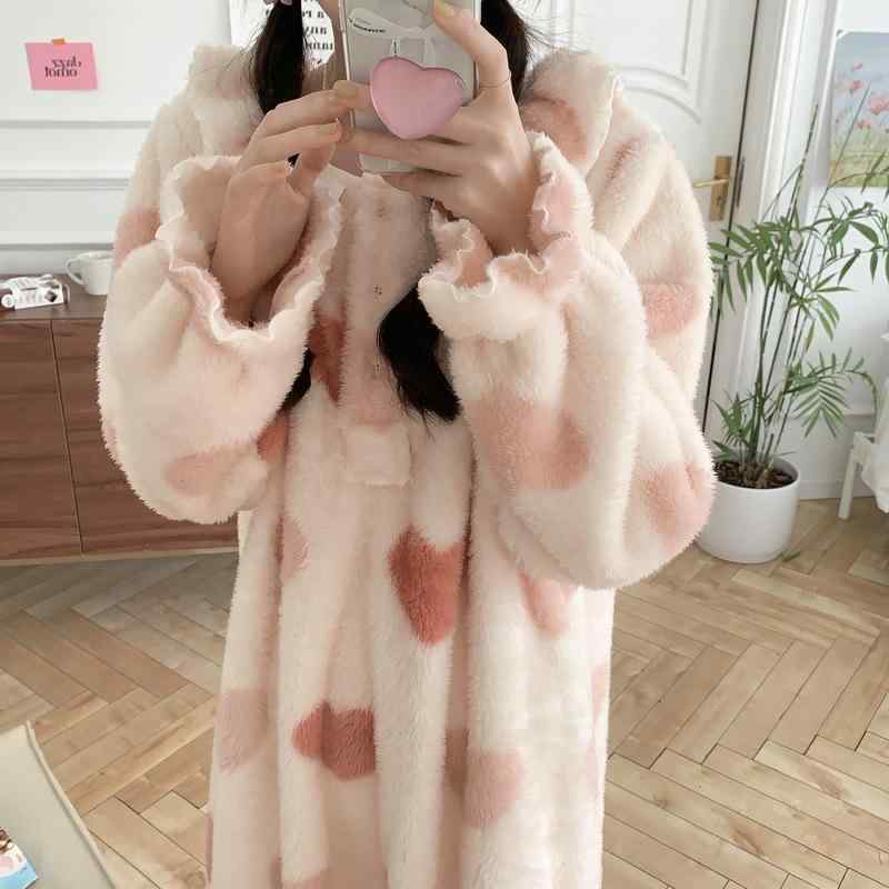 ルームウェア レディース サンゴフリース 裏起毛 厚手 暖かい プルオーバー ワンピース パジャマ 長袖 ロング丈 丸首 ハート柄 韓国風 冬 ワンマイルウェア 快適