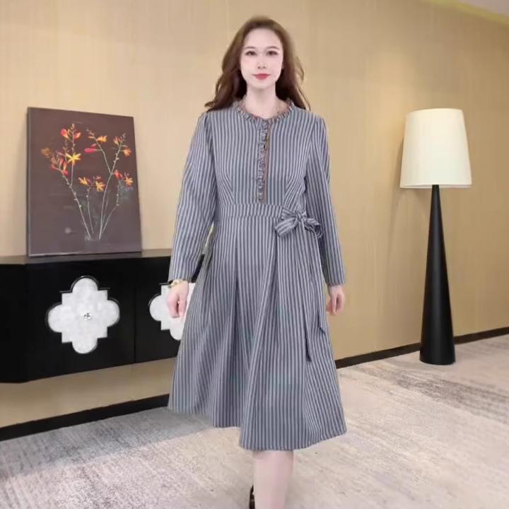 ワンピース レディース 秋冬 ウエストマーク 体型カバー ゆったり 大きいサイズ きれいめ 通勤 カジュアル ストライプ柄 ボーダー柄 長袖 シフォン素材 ポリエステル グレー ピーターパンカラー ミセス 上品