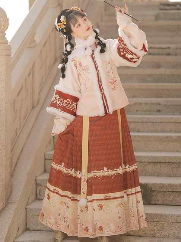 漢服 レディース 女性用 厚手 裏起毛 明制 冬 お正月 新年 中国風 ポリエステル素材 馬面スカート 上下セット 襦裙スタイル 幾何学模様 3D柄