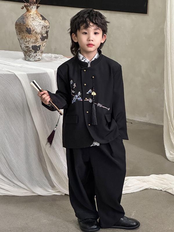 キッズ 男の子 男児 漢服風 唐装 新中式 中国風 梅の花刺繍 ソフトタッチ ポリエステル素材 おしゃれ ..