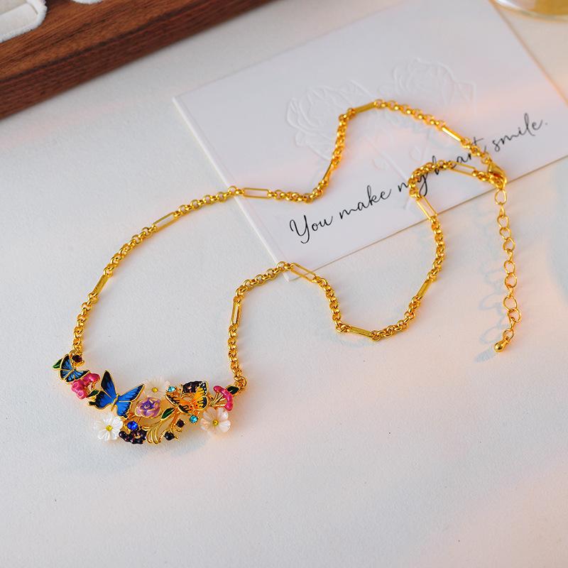 ネックレス レディース 手描き エナメル彩 電気メッキ加工 欧米風 カントリー調 バタフライ 蝶々 花 フ..
