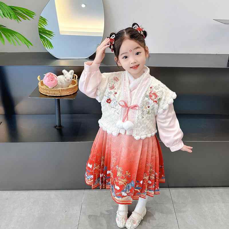 チャイナドレス 女の子 ジュニア 子供服 厚手 冬物 防寒 かわいい 中国風 迎春服 お正月 ベスト 2点セ..