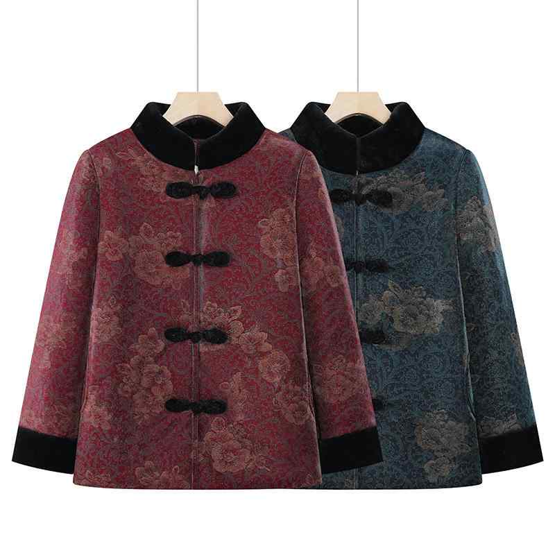 中綿コート レディース シニア 秋冬 裏起毛 厚手 保温 ゆったり スタンドカラー 長袖 シングルボタン 無地 チャイナ風 通勤 きれいめ ポリエステル レッド ブルー