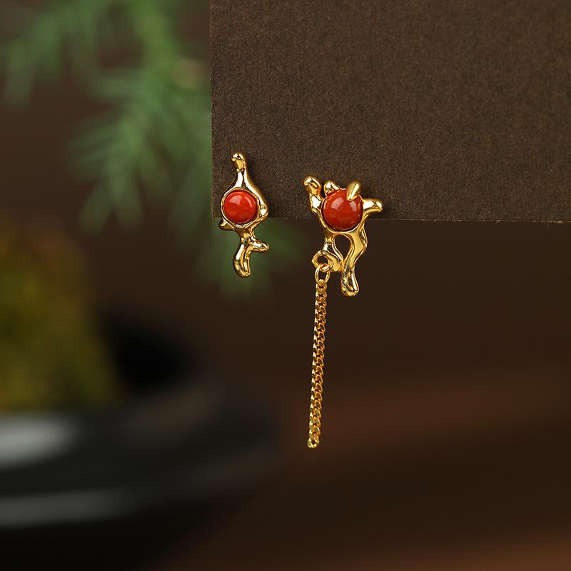 ピアス レディース 925シルバー ゴールドメッキ 南紅瑪瑙 タッセル 揺れる アシンメトリー ロング チェーンピアス カジュアル エスニック レトロ アンティーク調 ジオメトリック 春夏