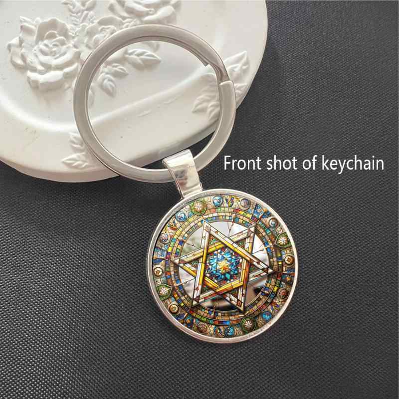 キーホルダー 六角星柄 時空の宝石ペンダント 精巧複雑模様フレーム シルバーカラー かわいい おしゃれ..