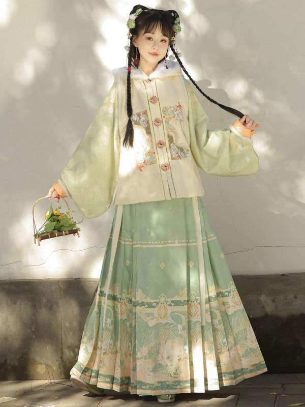 漢服 レディース 女性用 明制 厚手 暖かい 秋冬 普段着 カジュアル 幾何学模様 直袖 馬面スカート トップス ベスト スクエアネック ポリエステル 襦裙 三点セット