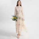 ワンピース レディース 高級感 豪華 宴会 フォーマルドレス 通勤 オフィス 上品 エレガント ロング丈 ハイウエスト 長袖 パフスリーブ ハイネック ティアード フリル 刺繍 切り替え レース チュール 花柄 アプリコット