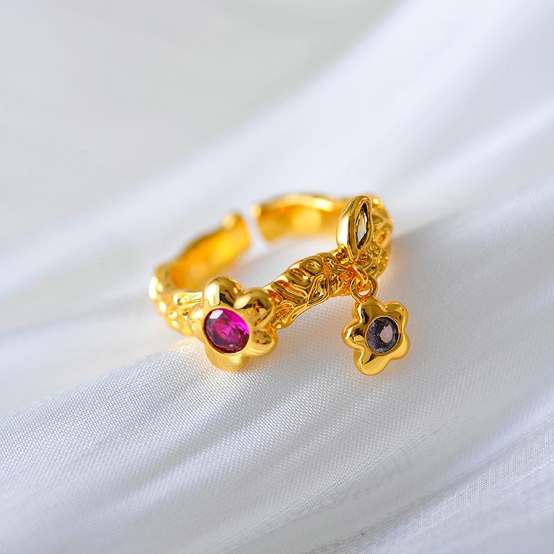 指輪 レディース 欧米 個性的 レトロ 溶岩 花 オープンリング SNS映え ライトラグジュアリー フラワーデザイン カラーストーン ジルコニア ファッション 通勤 春夏 銅製 電気メッキ加工 フリーサイズ(4)