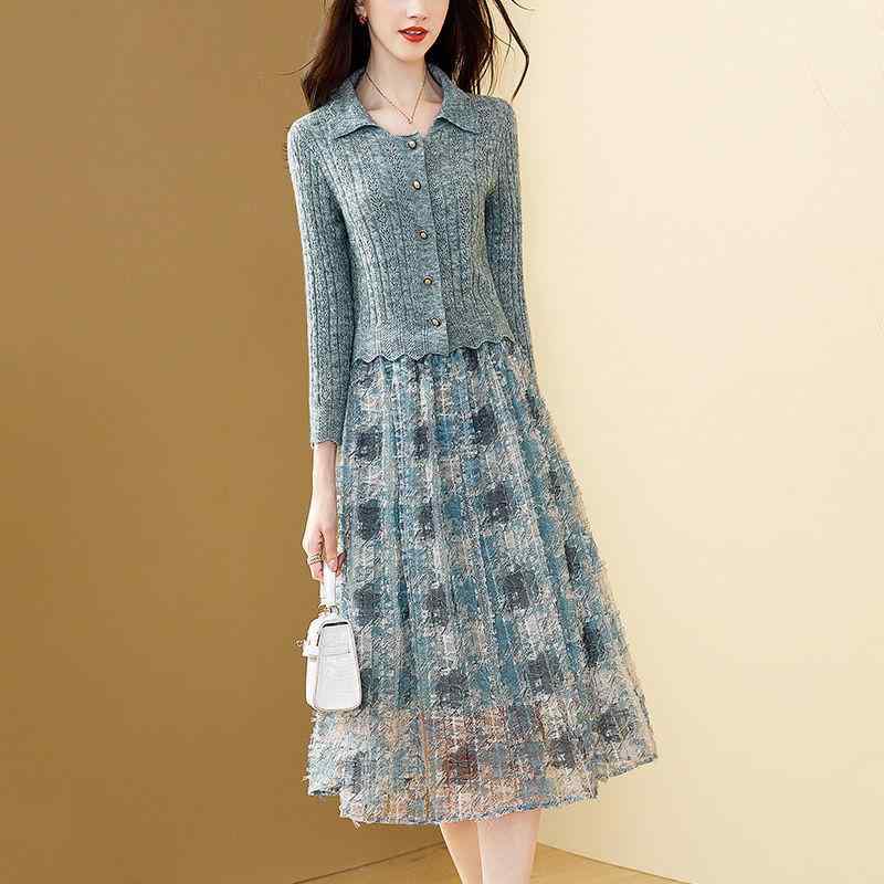 セットアップ レディース 秋物 大きいサイズ 体型カバー 着痩せ効果 ウエストマーク 長袖 ミモレ丈スカート 切り替えデザイン カジュアル フェミニン 上品 着回し力 ツーピース ポリエステル